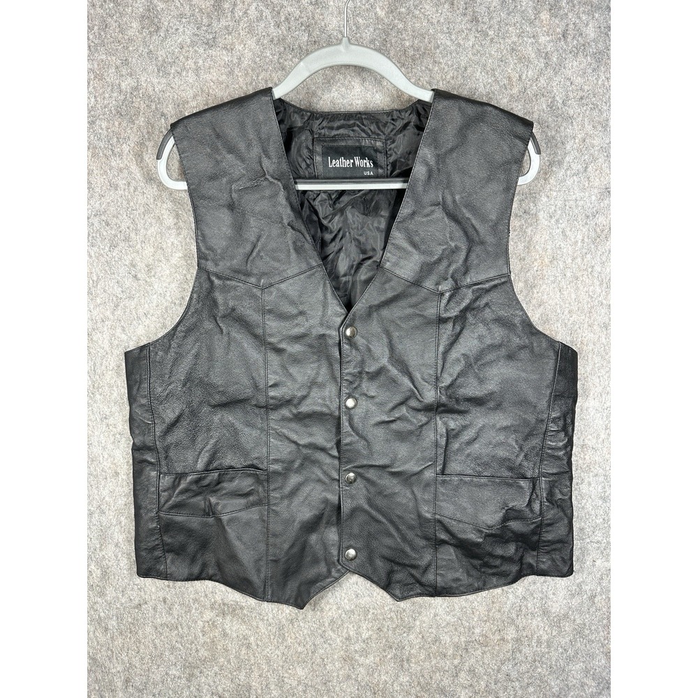 Leather Works USA Black Leather Vest XL Snap Front Biker Western